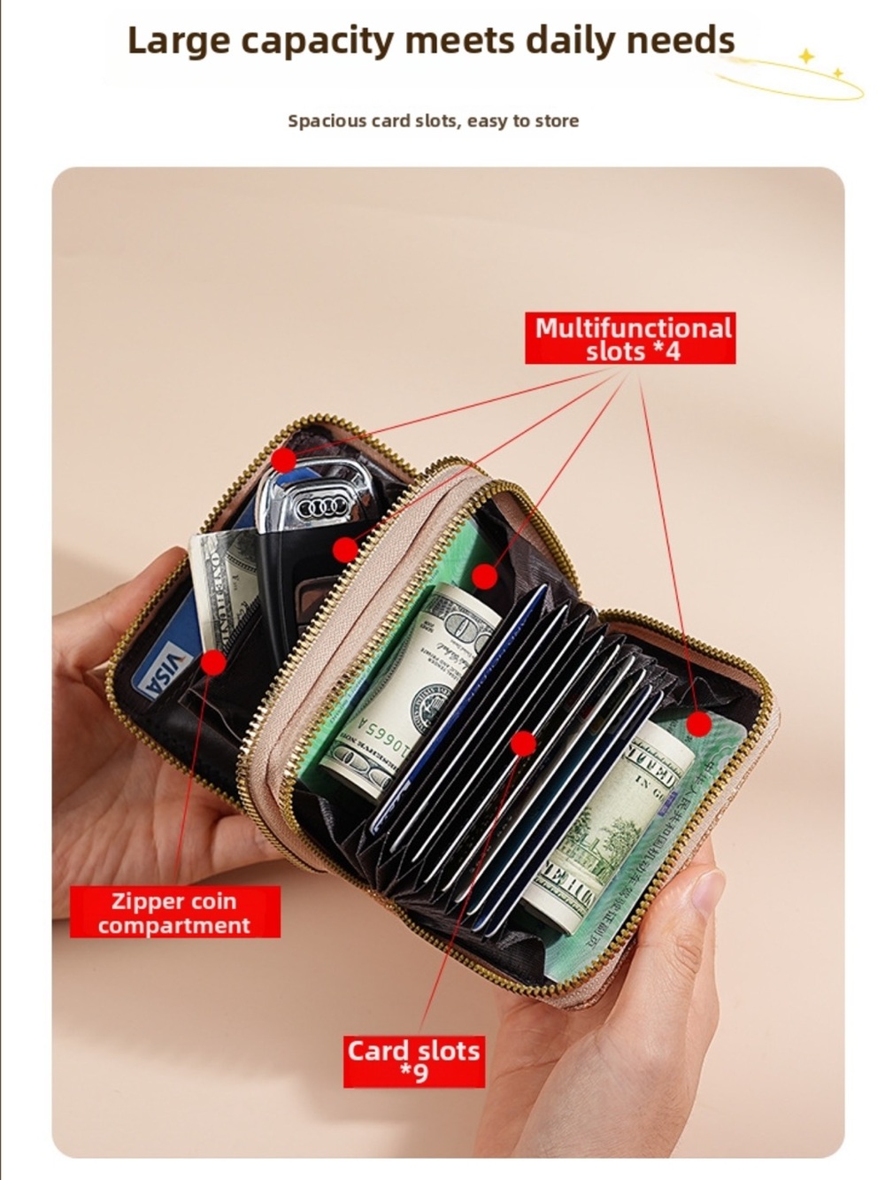 Black Glitter Wallet Double Zipper Accordion Card Holder Coin Purse Womens NEW - Picture 6 of 11